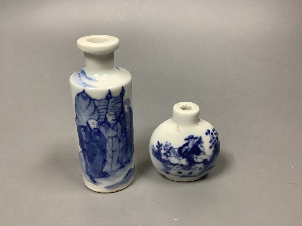 Two Chinese blue and white snuff bottles, tallest 10cm